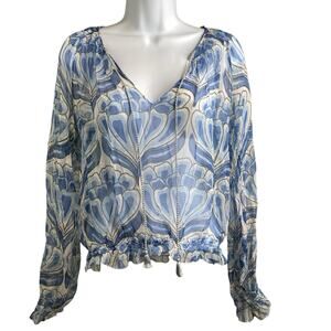 Kulson Women's Blue Modern Floral Print‎ Peasant Boho Top Est. Size M Artsy
